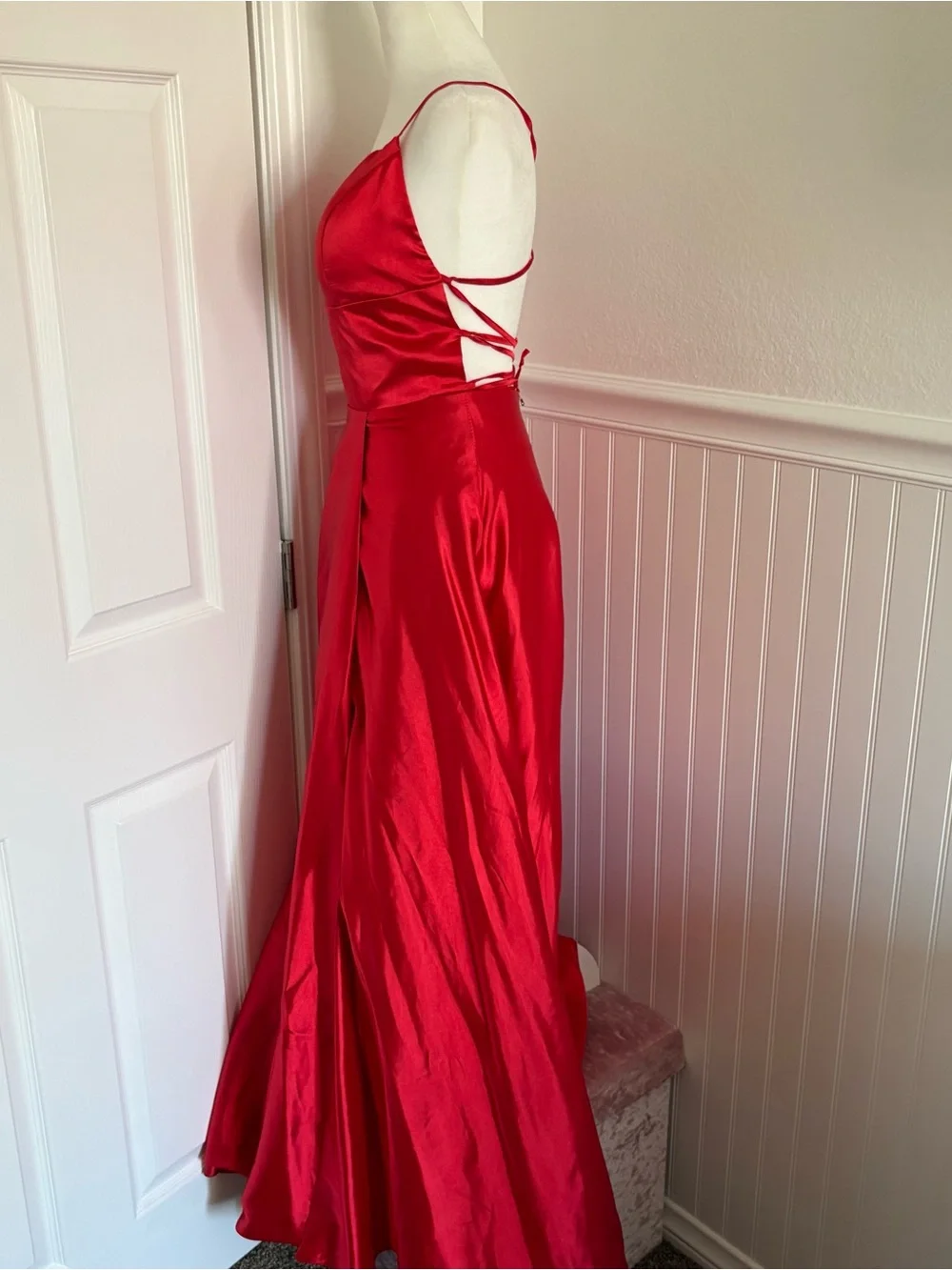 Red Satin A-Line Spaghetti Strap Evening Gown with Criss Cross Back - Picture 5 of 9